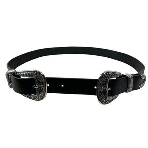 Black Double Buckle Western Belt Silver Ornate Engraved Floral Vegan Leather